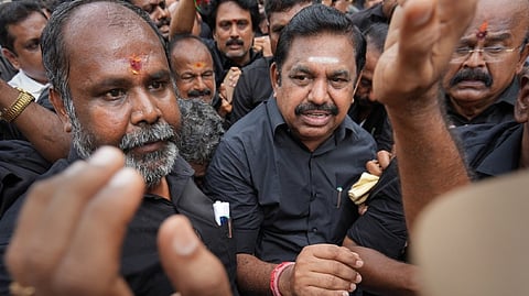 Police personnel detain AIADMK interim general secretary Edappadi K Palaniswami and party leaders during a protest against Tamil Nadu assembly speaker Appavu, in Chennai, October 19, 2022.