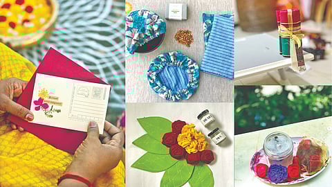 (L) Printed greeting card, kitchen set and bathroom set, plastic-free pooja set, small-size jamakkalam and handmade candles