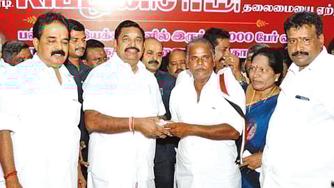 AIADMK interim general secretary Edappadi K Palaniswami with party functionaries in Salem on Monday