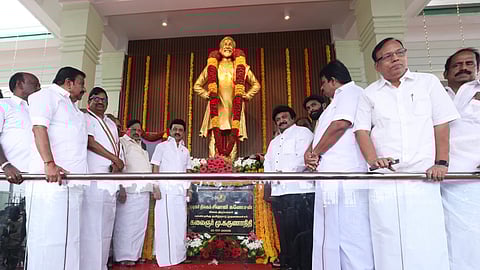 Stalin on Saturday paid floral tributes to the statue of veteran actor Sivaji Ganesan