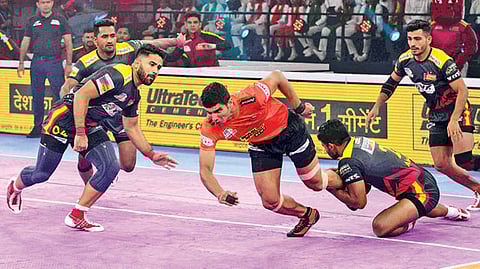 Action from the Bengaluru Bulls-U Mumba Pro Kabaddi League contest on Saturday