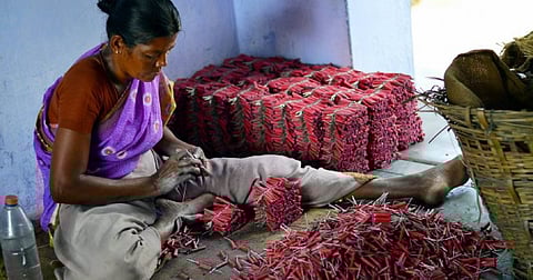 A woman employee making crackers at a factory in Sivakasi