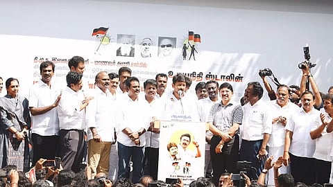 DMK youth wing secretary Udhayanidhi Stalin leading a demonstration at Valluvaar Kottam
