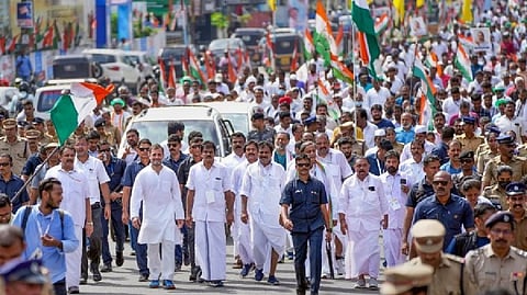 ongress leaders Rahul Gandhi, KC Venugopal, Shashi Tharoor and other party workers during the Bharat Jodo Yatra, in Thiruvananthapuram