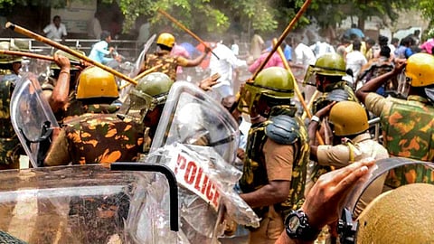 Police taking charge during the anti-Sterlite rally in Thoothukudi on May 22, 2018