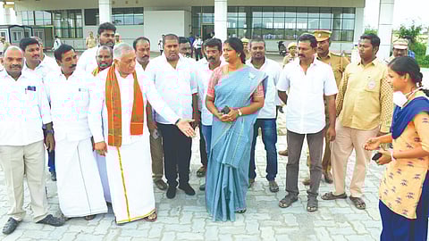 Union MoS for Civil Aviation Gen VK Singh inspecting the airport in Vellore along with former mayor Karthiyayani in Vellore on Friday.