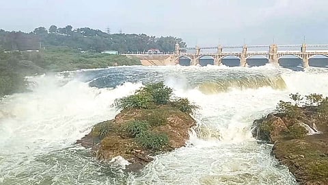 Water gushing out of the 16-eye sluices of Mettur dam on Sunday