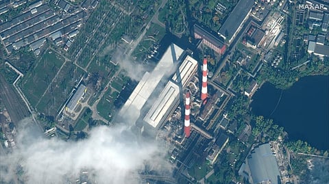 Satellite image shows damages of a power station in Kyiv,