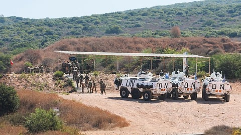 UN peacekeepers (UNIFIL) walk in Naqoura, near the Lebanese-Israeli border