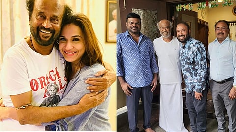 (L) Soundarya with Rajinikanth (R) Officials of Lyca Productions