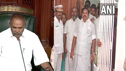 Speaker Appavu; AIADMK leaders stepping out of the Assembly