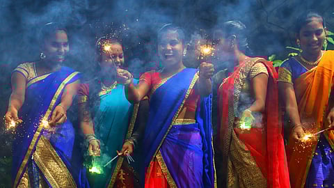 Girls from Sarvodaya girls hostel in Chetpet, Chennai burst crackers and enjoy Deepavali.