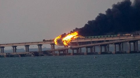 Kerch bridge that connects Crimean Peninsula with mainland Russia on fire.