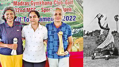Sportstar Open ladies winner S Lakshmi (right) and runner-up Revathy Sudhakar (left) with Avichi Cup winner Deepa Veeraraghavan; Saree-clad swinger supreme Malini Srinivasan.