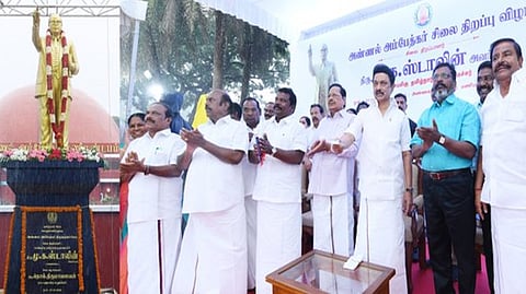 Chief Minister MK Stalin unveiling the statue of Ambedkar in the latter?s memorial