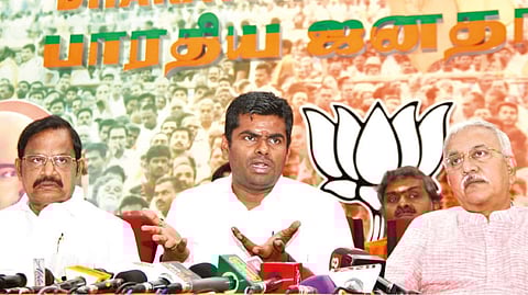 BJP state president K Annamalai addressing reporters at party headquarters in Chennai on Tuesday.