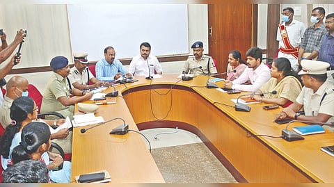 Electricity Minister V Senthilbalaji at a review meeting with district administration officials and police in Coimbatore on Thursday.
