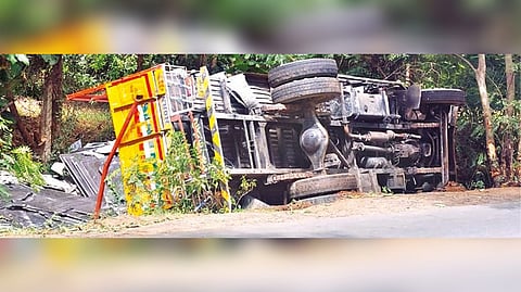 Granite lorry which toppled in Tiruvallur on Monday