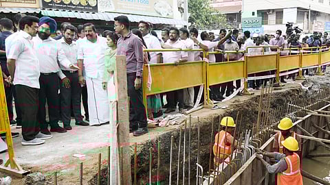 Stalin, accompanied by Municipal Administration Minister K N Nehru and HR and CE Minister P K Sekar Babu, inspected drain and desilting works.