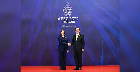 Thailand's Prime Minister Prayuth Chan-ocha welcomes U.S. Vice President Kamala Harris to the APEC Summit 2022 in Bangkok