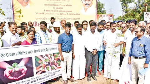 Local Administration Minister KN Nehru inaugurating the mega saplings plantation drive in Pullambadi, Tiruchy on Wednesday