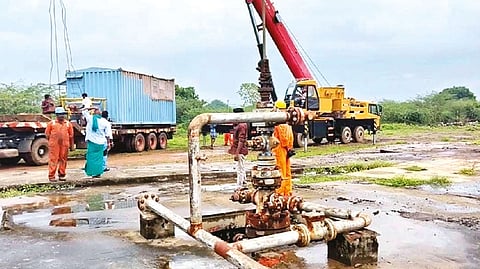Maintenance work being carried out at an existing well in Tiruvarur on Wednesday.