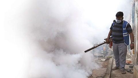 Fogging and bleaching powder are put on the streets and roads