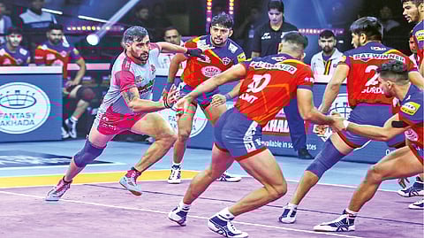 Jaipur Pink Panthers raider Rahul Chaudhari in action against UP Yoddhas