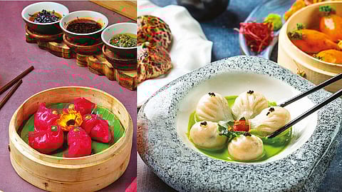 Sauteed leeks water chestnut dim sum; Har gao green prawn farce