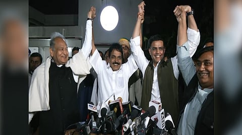 Congress leaders Ashok Gehlot, KC Venugopal, Sachin Pilot