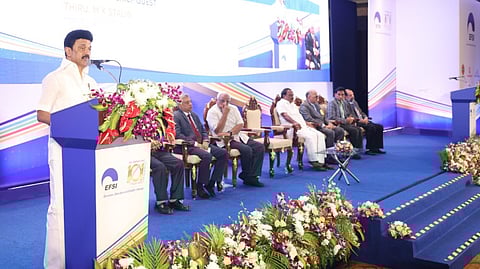 CM Stalin speaking at the valedictory of the centenary celebrations of the Employers Federation of Southern India (EFSI)