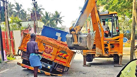 Lorry gets stuck as road caves in; traffic diverted