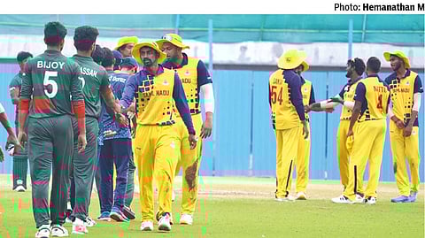 Tamil Nadu XI and Bangladesh XI players shake hands at the end of the first one-day match in Chennai on Sunday