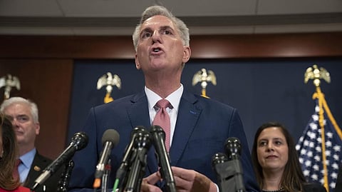 House Minority Leader Kevin McCarthy, of Calif., talks the media after voting on top House Republican leadership positions, on Capitol Hill in Washington.