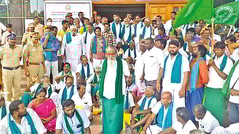 Farmers led by P Ayyakannu staging a protest near Tiruchy Collectorate on Wednesday