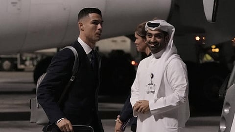 Cristiano Ronaldo of Portugal's national soccer team arrives at Hamad International airport in Doha, Qatar 2022 ahead of the upcoming World Cup.