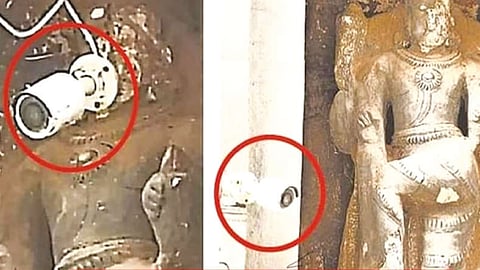 A CCTV camera affixed on the face of Dwarapalaka idol at Arulmigu Arunachaleswarar Temple and the damage after removal in Tiruvannamalai