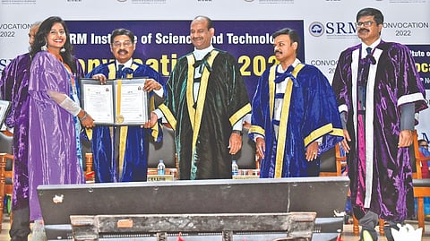 LS Speaker Om Birla and Founder Chancellor of SRMIST TR Paarivendhar presenting degrees