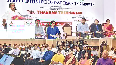 Industries Minister Thangam Thennarasu addressing a gathering organised by
MCCI and TIDCO in Chennai on Wednesday