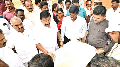 Minister for Municipal Administration KN Nehru inspecting the ongoing works for Intergrated Bus Terminal in Tiruchy on Saturday