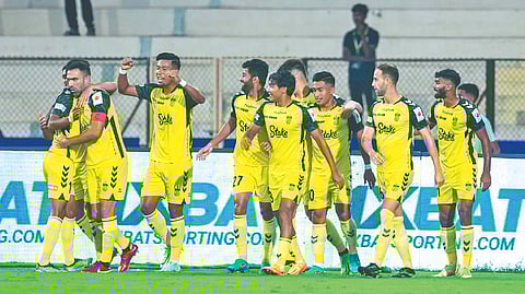 Hyderabad FC players celebrate after Mohammad Yasir?s
winning goal against Odisha FC