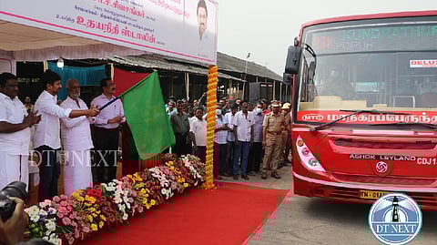 Udhayanidhi flagging off the bus installed with GPS-based onboard bus stop announcement system