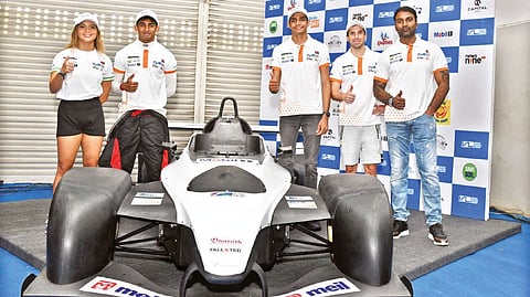 (from right to left) Racing Promotions Pvt Ltd chairman Akhilesh Reddy, Neel Jani of Hyderabad Blackbirds, Sohil Shah from Goa Aces, Ruhaan Alva of GodSpeed Kochi and Bianca Bustamante from Bangalore Speedsters at a press conference in Chennai on Monday