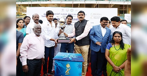 Minister Udhayanidhi Stalin handed over the trophy of the Hockey world Cup to the Kerala Hockey Federation