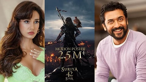 (Left to Right) Disha Pattani; Movie poster; Suriya