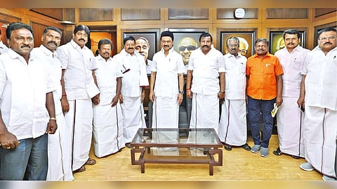 Former AIADMK leader Kovai Selvaraj formally joining the DMK in the presence of Chief Minister MK Stalin in Chennai on Wednesday.