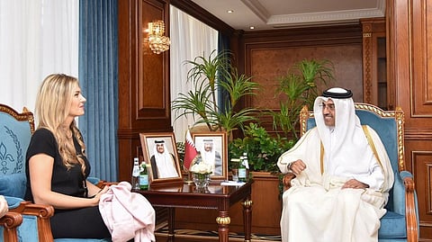 Ali bin Samikh Al Marri speaks with Greece's Eva Kaili