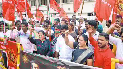 Naam Tamilar Katchi Party members protested on Sunday at the entrance gate of the Kilpauk Government Hospital in Chennai