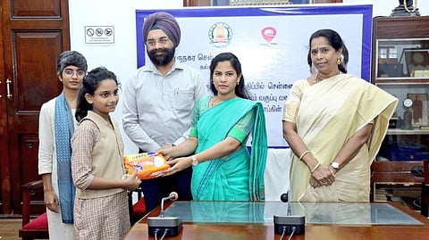 Chennai Mayor R Priya distributes sanitary napkins to girls studying from 8th to 12th standard in the city schools.