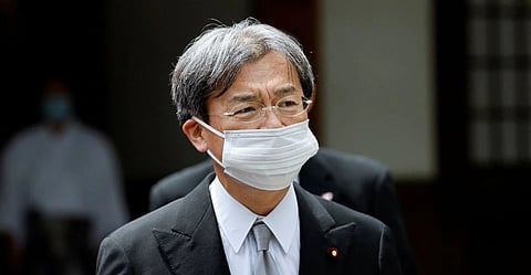 Japan's Reconstruction Minister Kenya Akiba visits at Yasukuni Shrine on the 77th anniversary of Japan's surrender in World War Two, in Tokyo